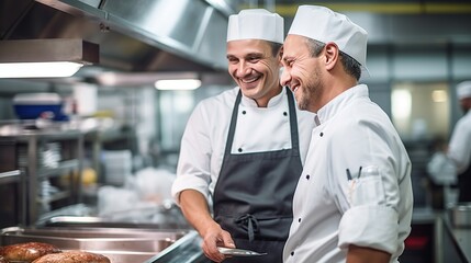 Fototapeta na wymiar Two chefs share a laugh in a bustling kitchen, highlighting the joy and camaraderie found in culinary teamwork.