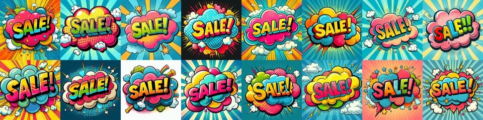Fototapeta premium Sale! on a cloud in bright colors, pop-art style. AI generated illustration