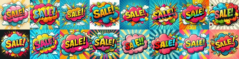 Foto op Plexiglas Sale! on a cloud in bright colors, pop-art style. AI generated illustration © vector_master