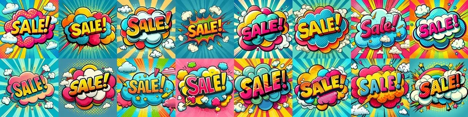 Rolgordijnen Sale! on a cloud in bright colors, pop-art style. AI generated illustration © vector_master
