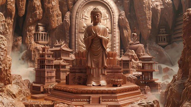 Intricate 3D Animation of Buddha in Woodwork Style, To provide a visually striking and culturally significant image of a 3D animation of a complex