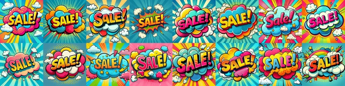 Fototapeta Sale! on a cloud in bright colors, pop-art style. AI generated illustration