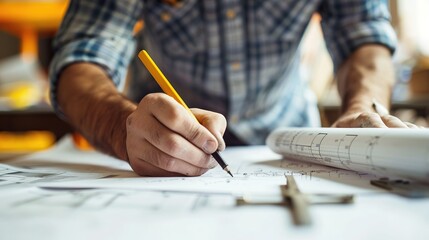 Close-up of a construction worker's hands drafting plans with a pencil, representing meticulous planning and architectural design