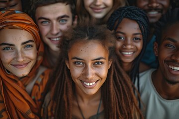 Obraz premium A diverse group of young adults smiling for the camera in front of a crowd of people