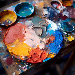 Close-up of a painters palette with mixed colors.