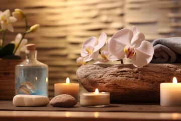 Elegant luxury spa area with folded fluffy gray towels in a spa center in soft colors, with softly lit candles around and flowers and plants nearby
