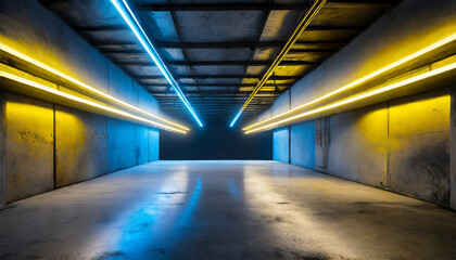 Luminous neon warehouse with concrete grunge design