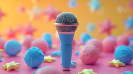 Colorful Microphone Surrounded by Stars, To provide an engaging and vibrant visual for audio,...