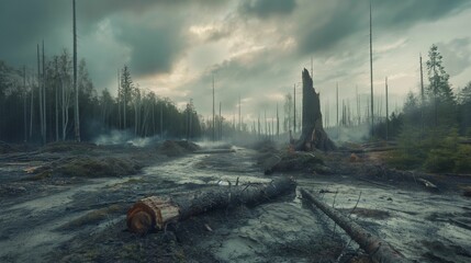 Image of deforested area where the trees have been cut down. - obrazy, fototapety, plakaty