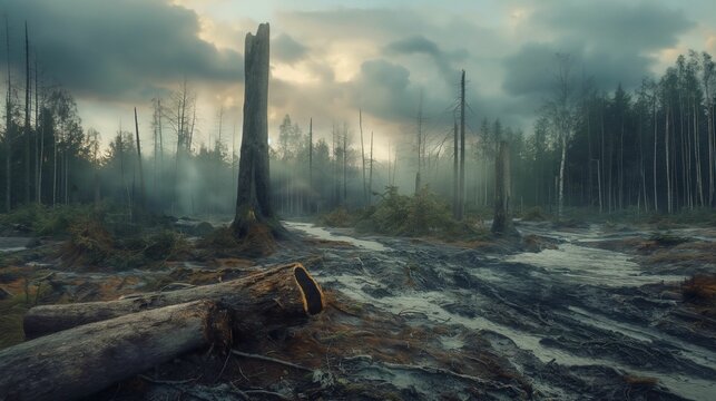 Image of deforested area where the trees have been cut down.