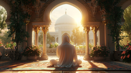 a muslim sitting in front of an archway and the sun - obrazy, fototapety, plakaty