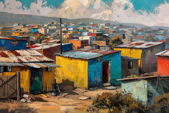 Colourful South African art with township village culture depicting informal slum housing settlement. Underprivileged Southern Africa squatter camp dwelling scene.