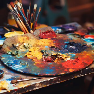 Close-up of an artists palette with oil paints.