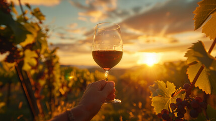 a person holding a wine glass in front of a vineyard - obrazy, fototapety, plakaty