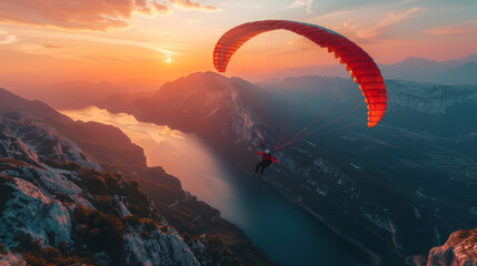 a person parachute over a mountain lake at sunset - obrazy, fototapety, plakaty