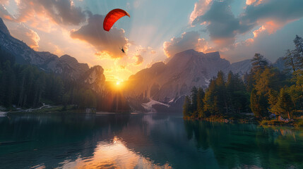 a person parachute over a mountain lake at sunset - obrazy, fototapety, plakaty