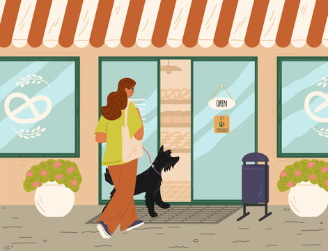 Woman pet owner with puppy visiting bakery shop scene