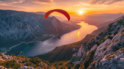 a person parachute over a mountain lake at sunset