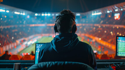a sports broadcaster sits by his computer looking towards a huge stadium - obrazy, fototapety, plakaty