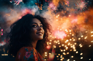 Woman Admiring Festive Fireworks Display