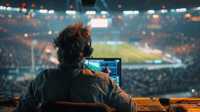 a sports broadcaster sits by his computer looking towards a huge stadium