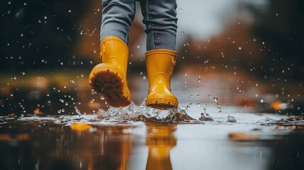 Playful kid in vibrant rain boots joyfully leaping into a puddle on a rainy day outdoors.