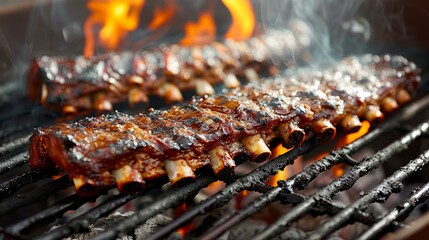 Juicy american bbq ribs sizzling on grill with smoke, cooking over natural charcoal fire