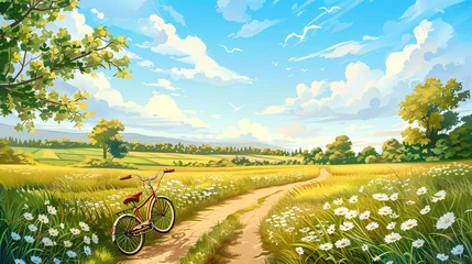 Deurstickers Summer landscape with a bicycle on the dirt road at © Fauzia