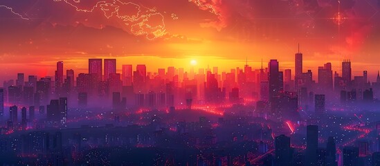 Fototapeta na wymiar Futuristic City Sunset Anime Aesthetic, To provide a visually appealing and unique digital image for use as a wallpaper or in marketing materials,