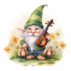 Cute Watercolor St. Patrick’s Day Gnome playing a fiddle amidst