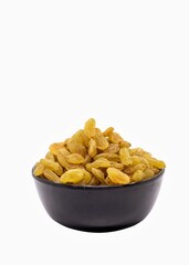 Golden Raisin in a Black Bowl Isolated on White Background with Copy Space
