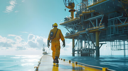 A male petroleum engineer in a field coverall walking or standing on a platform at a large offshore upstream oil and gas rig.