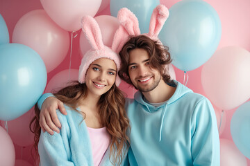 Happy couple in bunny ears on festive background. Easter concept
