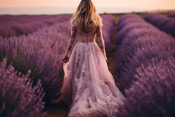 Elegant Bride in Lavender Field at Dusk