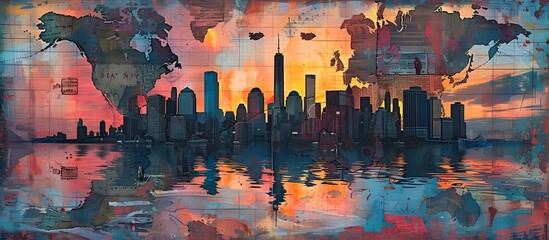 Vibrant City Skyline Painting with Rainbow Reflection, To provide a unique and eye-catching piece of wall art for modern and contemporary home decor