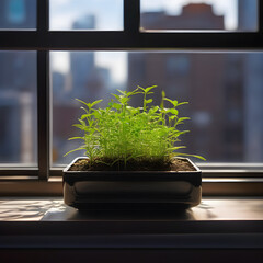 A pot with green sprouts on a windowsill in a city - obrazy, fototapety, plakaty