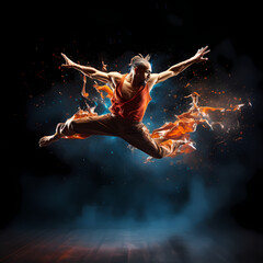 Dynamic shot of a dancer leaping in mid-air. 