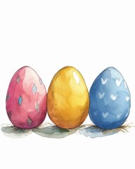 Three colorful Easter eggs are nestled  basking in the sunlight. Each egg has a unique design, adding to the whimsical scene. Generative AI