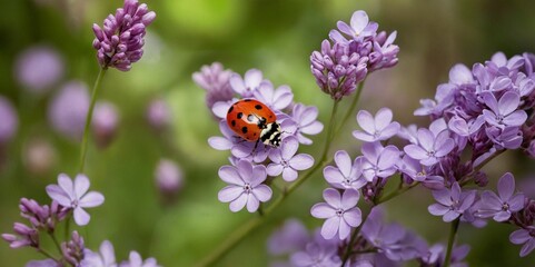 Lone ladybug embarks on a fragrant voyage across lilac blossoms