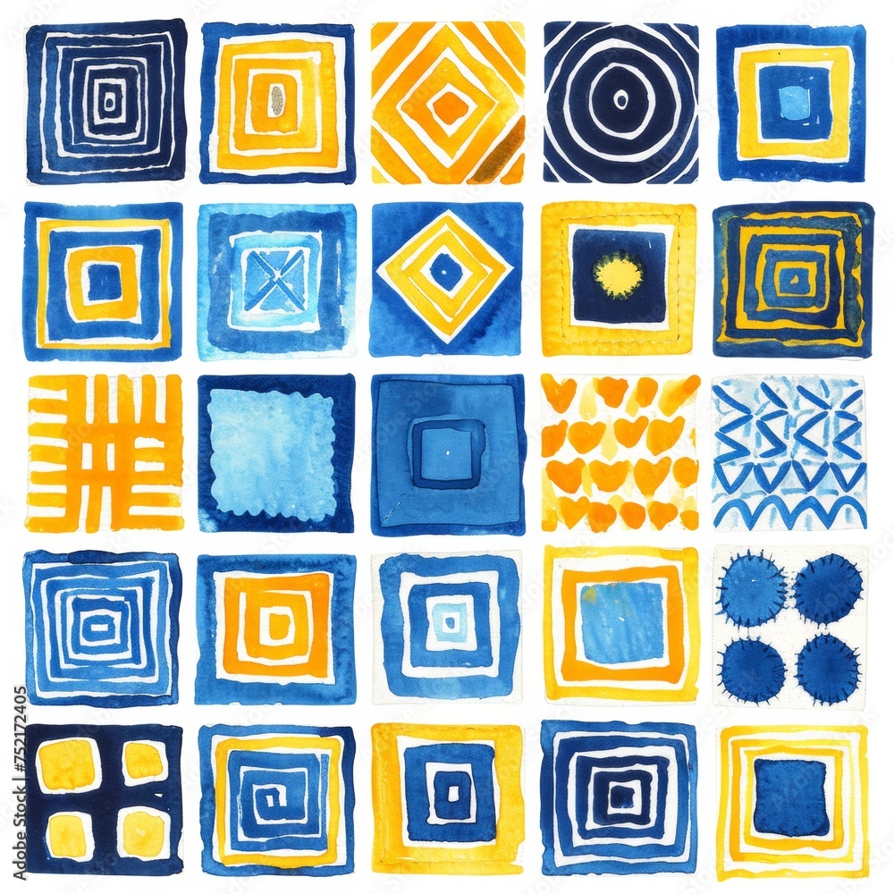 Poster harmony in blue and yellow. a vibrant painting featuring a series of blue and yellow squares arrange