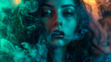 a woman smoking black smoke and a green head with long hair