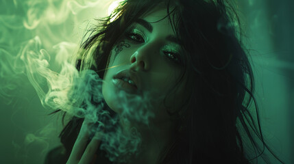 a woman smoking black smoke and a green head with long hair