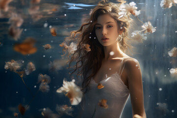Graceful woman draped in a flowery gown, submerged and adrift in serene waters.