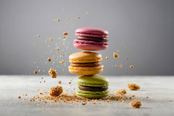 Bright advertising photo, banner. A tower of pink, green and yellow macarons on a plain gray background. Sweet dessert.
