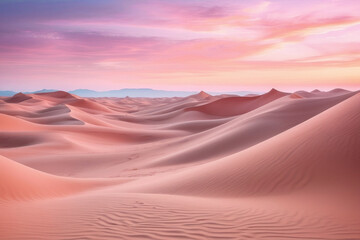 Fototapeta na wymiar Fantastic landscape, pink sand dunes against a pink sky. Desert, alien landscape, pastel colors.