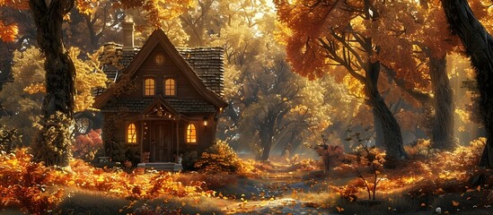 Autumn Forest House in Digital Art Style, To provide a visually appealing and calming background for desktop or phone screens