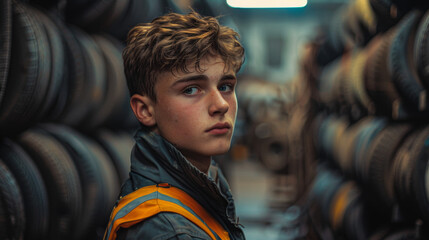 a young man is standing in front of tire racks in a garage