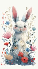 A painting depicting a cute bunny holding a colorful paintingEaster egg in its paws. The bunny is standing on green grass with flowers in the background.  Generative AI