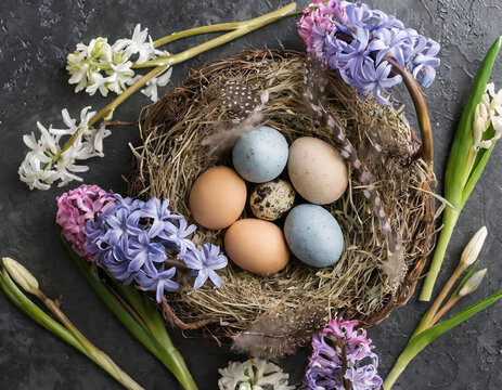  top view easter nest with eggs and hyacinth flowers on concrete black background 