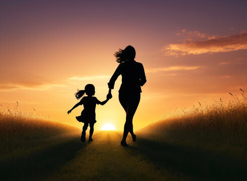  Silhouette, happy mother and daughter running and holding hands on the field lawn at sunset in the evening. Love family activity relax concept